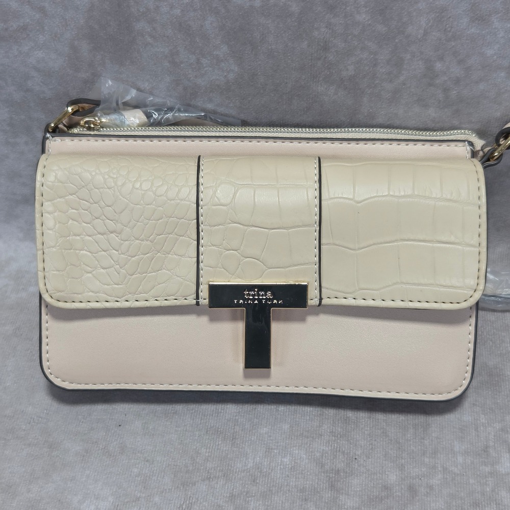 Trina Turk Womens Cream Beige Mixed Texture Croc Crossbody Bag Gold T Logo